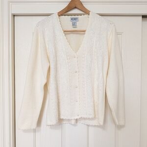KORET Vintage Cream Beaded Button Down Cardigan Sweater Scalloped Trim Wom Small